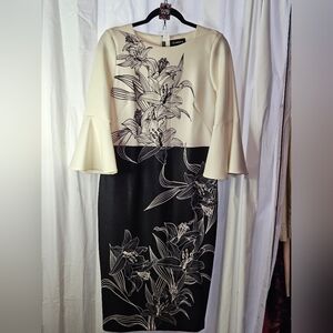 029 Liz Claiborne Elegant Black and Cream Floral Dress